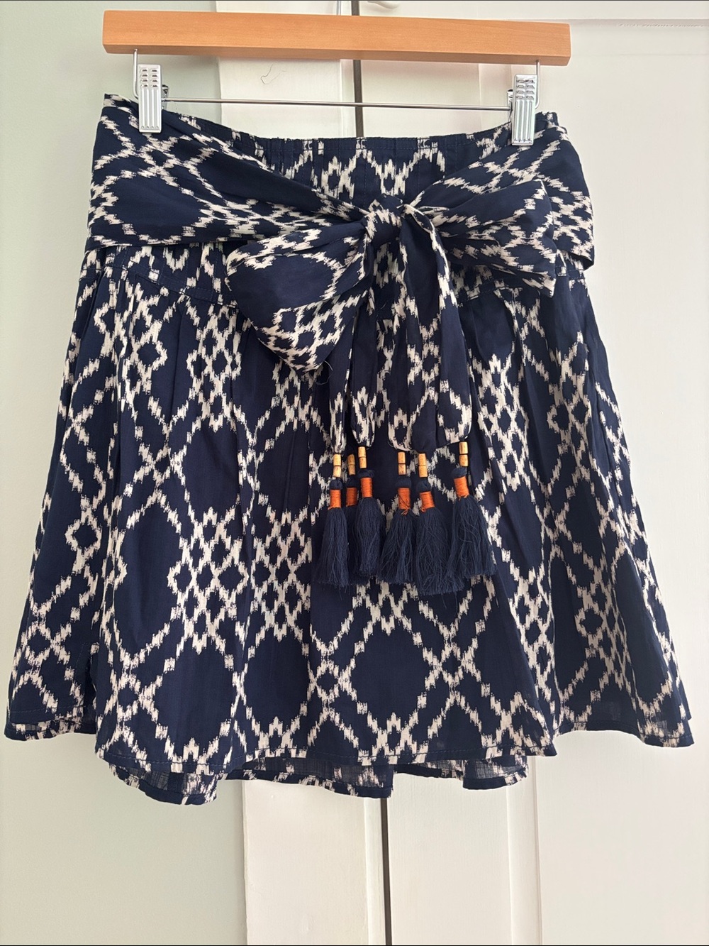 Navy Anthropologie Print Tie-Waist Skirt with Tassel Details